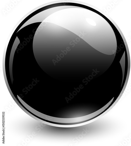 Black glass ball, 3D shiny dark sphere.