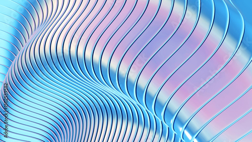 Abstract iridescent striped background, wavy purple blue stripes pattern, interesting spiral architectural minimal wallpaper.