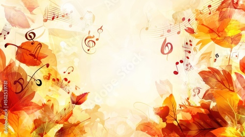 Autumnal leaves swirl with musical notes in a soft, warm light