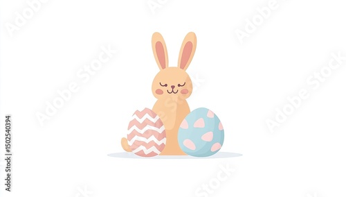 A cute cartoon bunny sits between two decorated Easter eggs