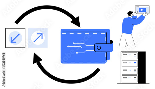 Wallet with circuit design, data sync arrows, icons, man holding tablet, server storage. Ideal for fintech, payment, data transfer, technology innovation digital security simple landing page