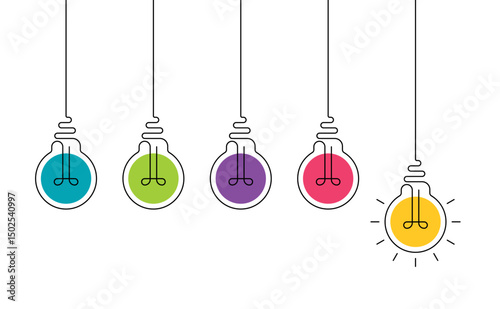 Multicolor hanging light bulbs on white background. Continuous line drawing light bulb. Concept of idea