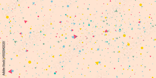 Multicolored dots and triangles particles abstract background. Illustration of a background with falling confetti. Vector design