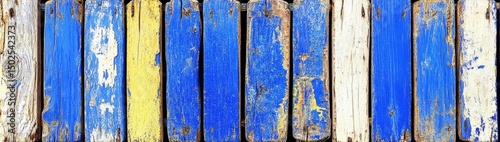 A weathered wooden fence with blue, white, and yellow paint