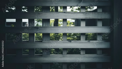 A close-up of a wooden lattice fence with a view of green foliage