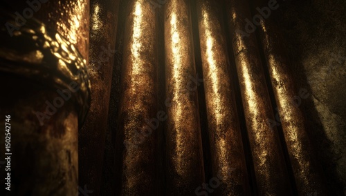 Rusty pipes with a golden band illuminated by light