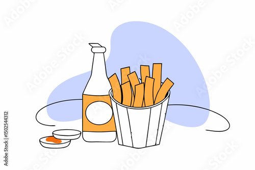 Basket of crispy French fries served with ketchup on the side great for fast food menu designs snack bar promotions or casual dining themed marketing materials