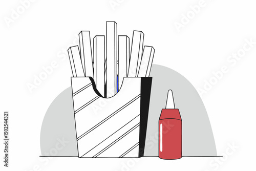 Appetizing French fries in a classic basket with side ketchup ideal for food delivery visuals restaurant menus or snack-themed digital content with a crispy look