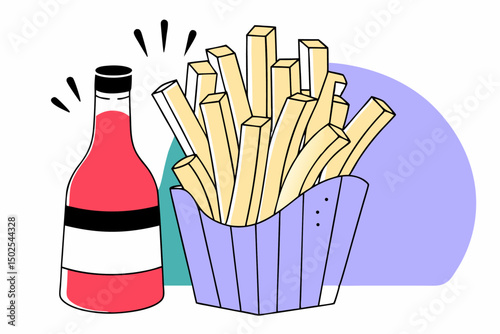 Delicious golden French fries presented in a basket with ketchup dip perfect for illustrating fast food concepts snack menus or promotional visuals with tasty appeal
