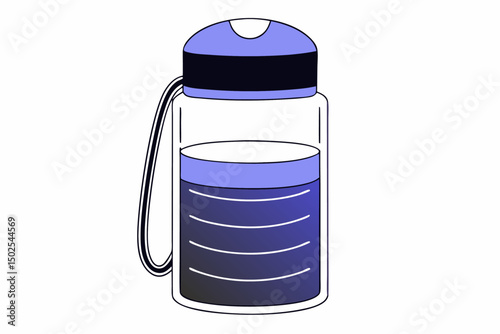 High quality illustration of a clear glass water bottle with blue liquid offering a realistic depiction for health lifestyle and sustainable packaging designs