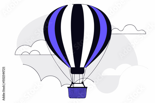 Hot air balloon with red and white stripes and wicker basket floating in clear sky ideal for travel posters adventure themed designs and whimsical vector art