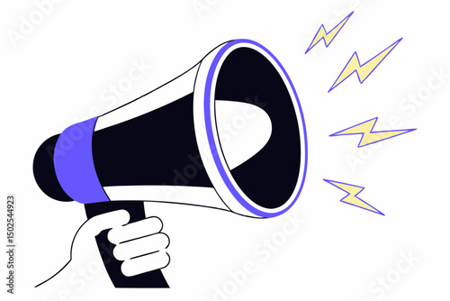 Stylized illustration of megaphone and hand symbolizing voice empowerment social media outreach or advertising strategies with modern flat design and bold colors