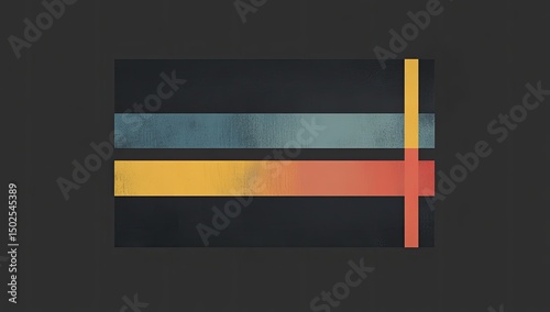Abstract minimalist artwork featuring three horizontal stripes in blue, yellow and orange, with a vertical orange stripe intersecting them on a dark background