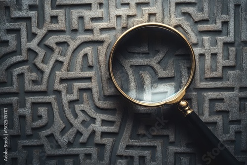 A magnifying glass hovers over an intricate maze, symbolizing the search for inspiration and creativity, with one path leading to innovation.