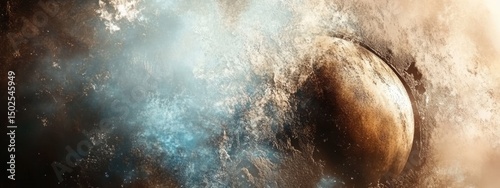 A celestial body emerges from a swirling, ethereal nebula, its surface a mix of brown and orange hues
