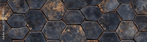 A close-up of a dark blue and brown hexagonal tile pattern