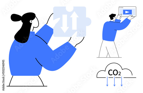 Woman holding puzzle piece with arrows, man holding browser icon, CO2 cloud with downward arrows. Ideal for teamwork, innovation, sustainability, technology, environment, collaboration simple