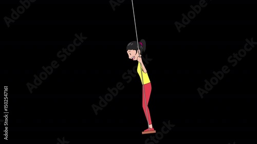 Happy little girl is swinging while standing on a rope swing. anime style animation