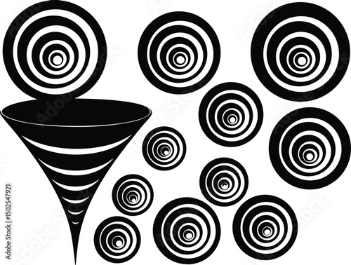 Adobe Illustrator Artwork Set of spiral elements. Funnel icon collection. Black spiral decoration

