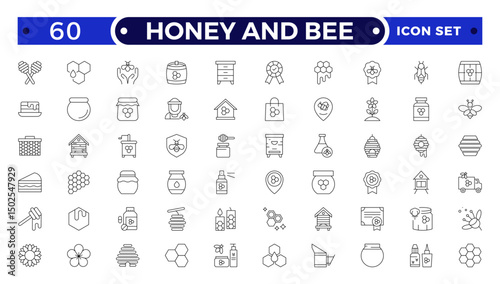 Honey and Bee icon for bees, dipper stick with organic liquid honey for breakfast dessert thin black outline symbols vector illustration. Honey products, apiary, beekeeping line icon set.