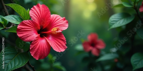 Tropical Hibiscus surrounded by green vines and leaves, botany, foliage