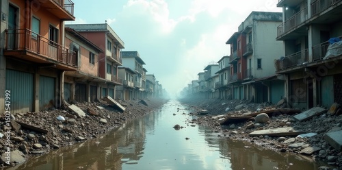 Tsunami-wrecked cityscape with toppled buildings and rubble in flooded street , flooding, natural disaster