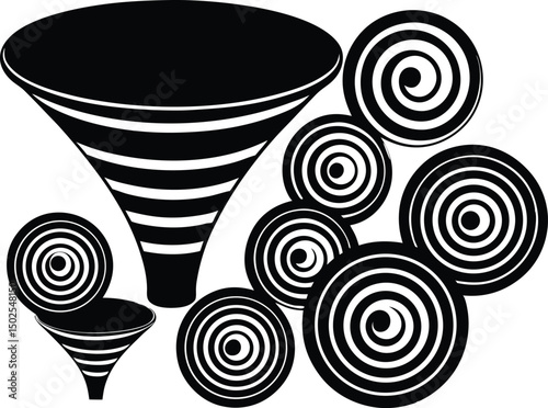 Adobe Illustrator Artwork Set of spiral elements. Funnel icon collection. Black spiral decoration
