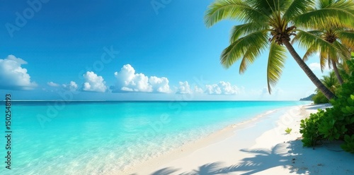 Turquoise waters lap against white sandy shores, with palm trees swaying gently in the breeze , ocean, beach