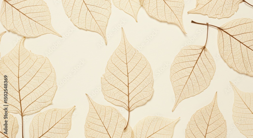 Obraz premium A lot of autumn light gray leaves on a light background. Abstract composition of yellow and orange foliage for autumn design.