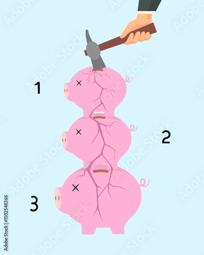 A Hammer Breaks a Piggy Bank. Broken Piggy Bank, Finance Crisis Concept. Illustration Vector Cartoon.