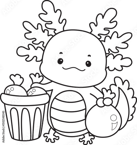 Outline of Illustration of cute axolotl activities icon.
Lineart of Funny pink axolotl in daily routine stickers.
