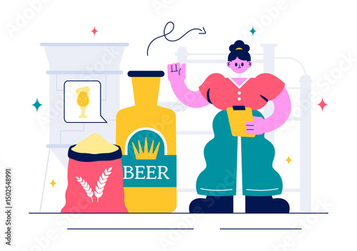 Brewery Production Process Vector Illustration featuring Beer Tanks and Bottles Filled with Alcoholic Drinks for Fermentation in a Flat Background