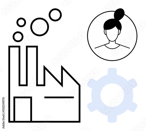 Factory building emitting smoke, female profile in a circle, and a gear symbolizing manufacturing, workforce, collaboration, technology, industrial processes, innovation and management. Ideal