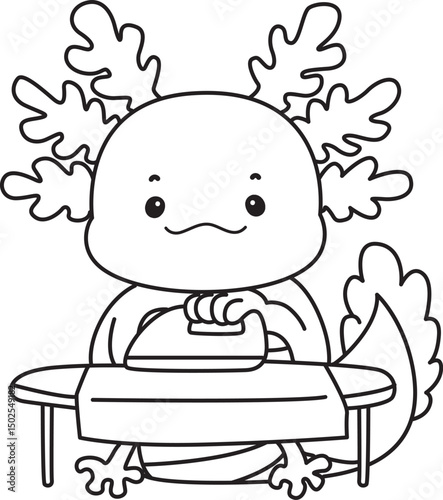 Outline of Illustration of cute axolotl activities icon.
Lineart of Funny pink axolotl in daily routine stickers.
