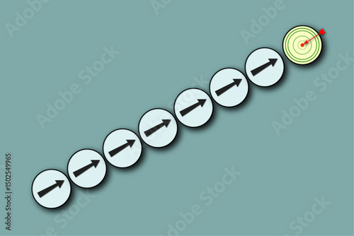 Business growth concept with circular arrows ascending like stairs, symbolizing strategic progress, goal achievement, direction, and final success target.


