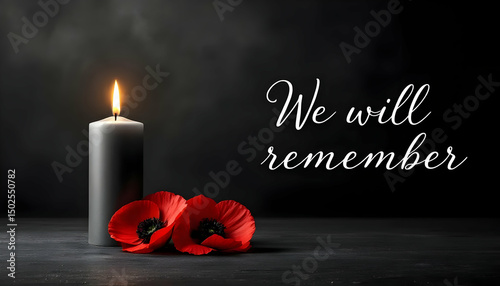 We Will Remember: Candle, poppies, and dark background for Memorial Day & Remembrance.