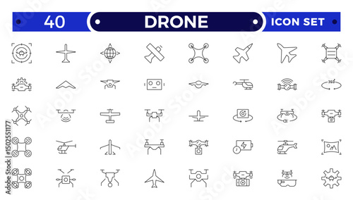 Drone vector outline icon set. Contains linear outline icons like Quadcopter, Propeller, Remote Control, Radar, Camera, Battery, Delivery, Copter