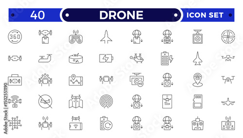 Drone vector outline icon set. Contains linear outline icons like Quadcopter, Propeller, Remote Control, Radar, Camera, Battery, Delivery, Copter