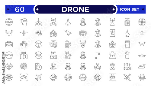 Drone vector outline icon set. Contains linear outline icons like Quadcopter, Propeller, Remote Control, Radar, Camera, Battery, Delivery, Copter