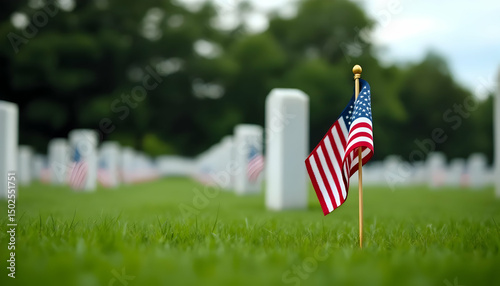 Memorial Day Tribute: American Flag Standing Proudly in a Field of Military Headstones for Veterans Day – Empty Space