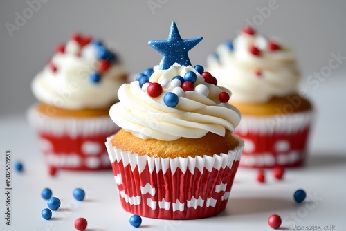 Patriotically decorated cupcakes perfect for 4th of July celebrations featuring creamy vanilla frosting a star shaped topper and red white and blue sprinkles