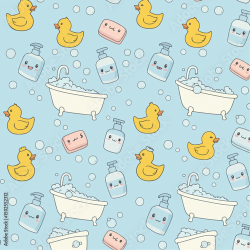This adorable seamless pattern showcases cute cartoon bath essentials like rubber ducks, bubbly bathtubs, soap, and lotion on a baby blue background.
