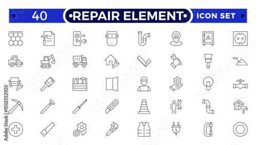 Repair Element outline icon set. Containing fix, maintenance, toolbox, assistance, broken, troubleshoot, patch and repairman service icons.