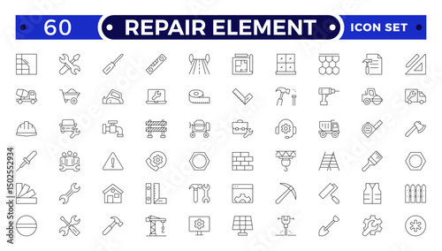 Repair Element outline icon set. Containing fix, maintenance, toolbox, assistance, broken, troubleshoot, patch and repairman service icons.