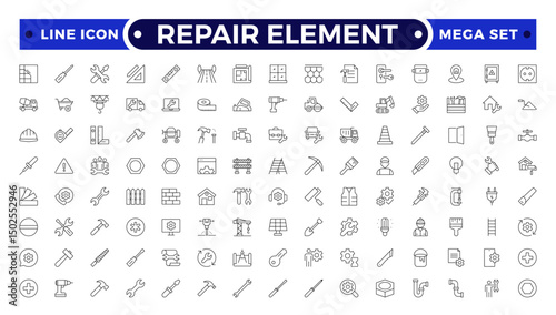 Repair Element outline icon set. Containing fix, maintenance, toolbox, assistance, broken, troubleshoot, patch and repairman service icons.