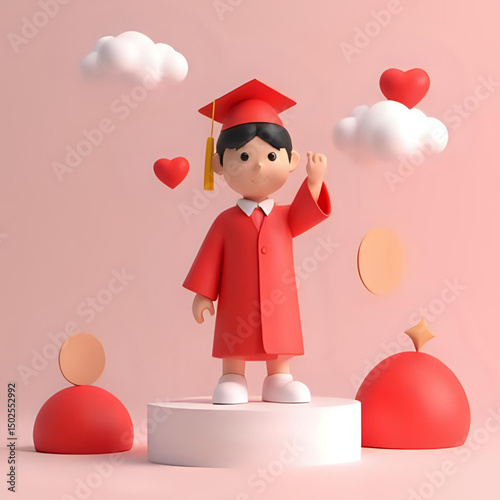 3D cartoon character of a little boy on the podium celebrate graduation