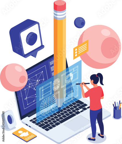 A creative scene showing a giant pencil and a laptop with wireframe open, designer adjusting layout using stylus, big rounded objects, isometric flat vector style..eps