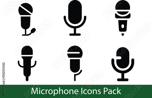 Microphone Icons Pack. Flat Black Microphone Silhouettes for Audio, Podcast, Music, Broadcasting, and Voice Interface Design