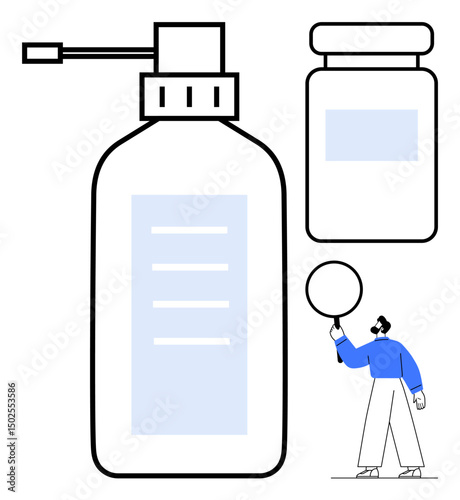 Pump dispenser bottle, pill container, person examining details with magnifying glass. Ideal for health, hygiene, pharmacy, skincare, product inspection, medical supplies simple landing page