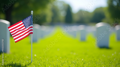 Veterans Day Remembrance: Small American Flag in Green Grass at a Military Cemetery with Blurred Headstones & Empty Space - Honoring Heroes
